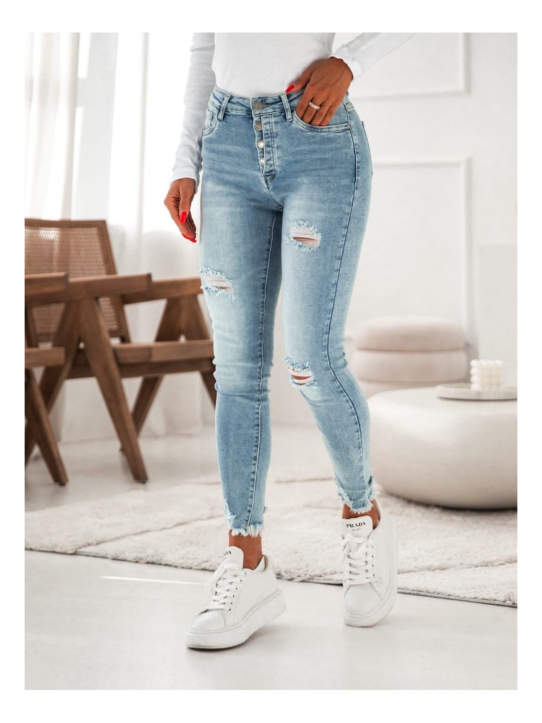 Pantaloni dama din denim cu nasturi cu abraziuni 5502 - Magazin online - Boutique